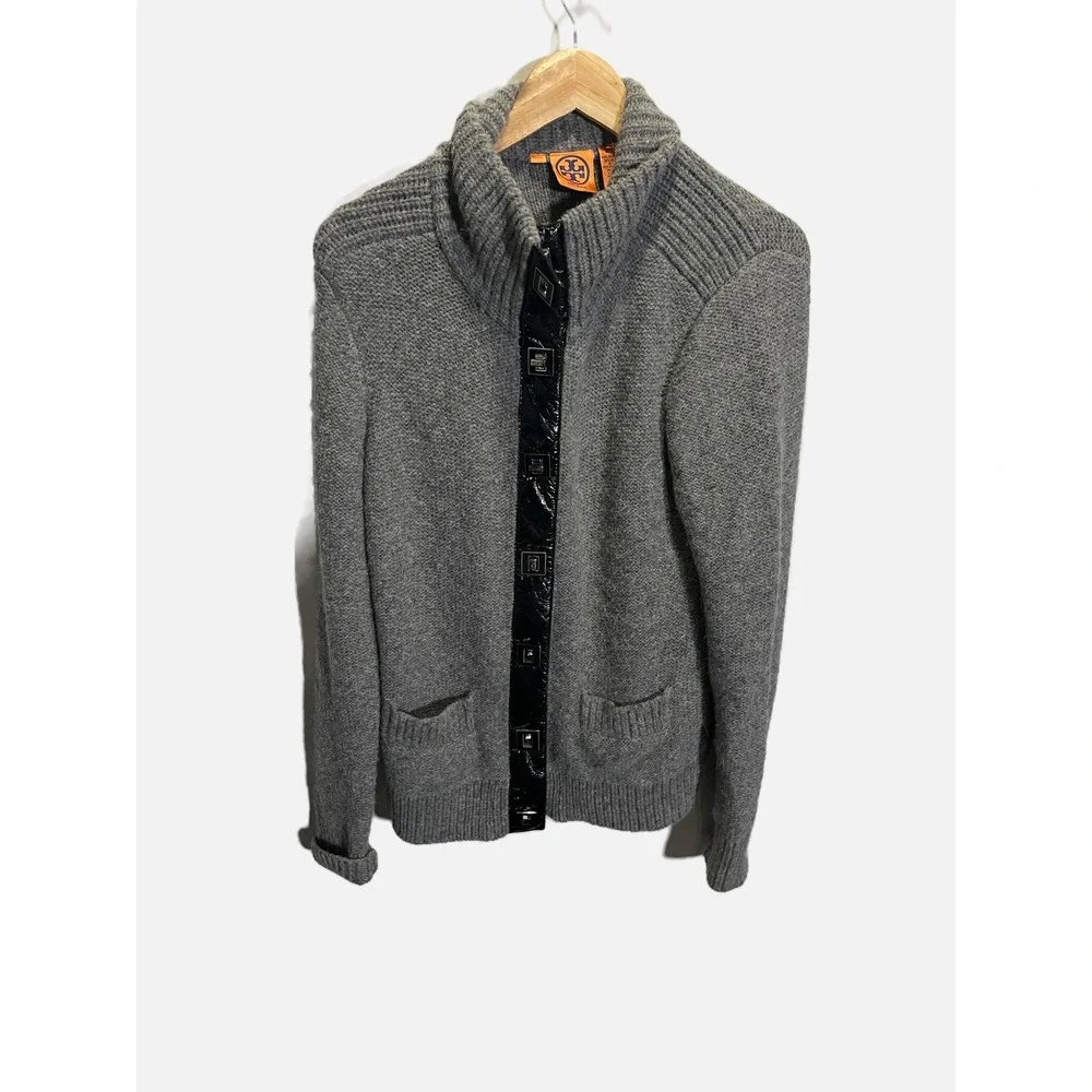 Tory Burch Cardigan Womens L Gray Wool Alpaca Leather Trim Logo Snap Knit Sweate